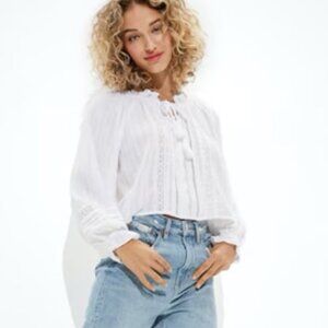 American Eagle White Tie-Neck Bubble Sleeve Blouse